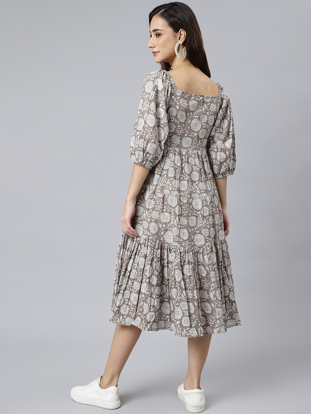 Women's Floral Printed Grey Cotton Dress - Janasya USA