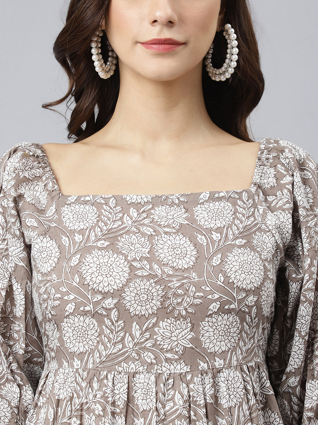 Women's Floral Printed Grey Cotton Dress