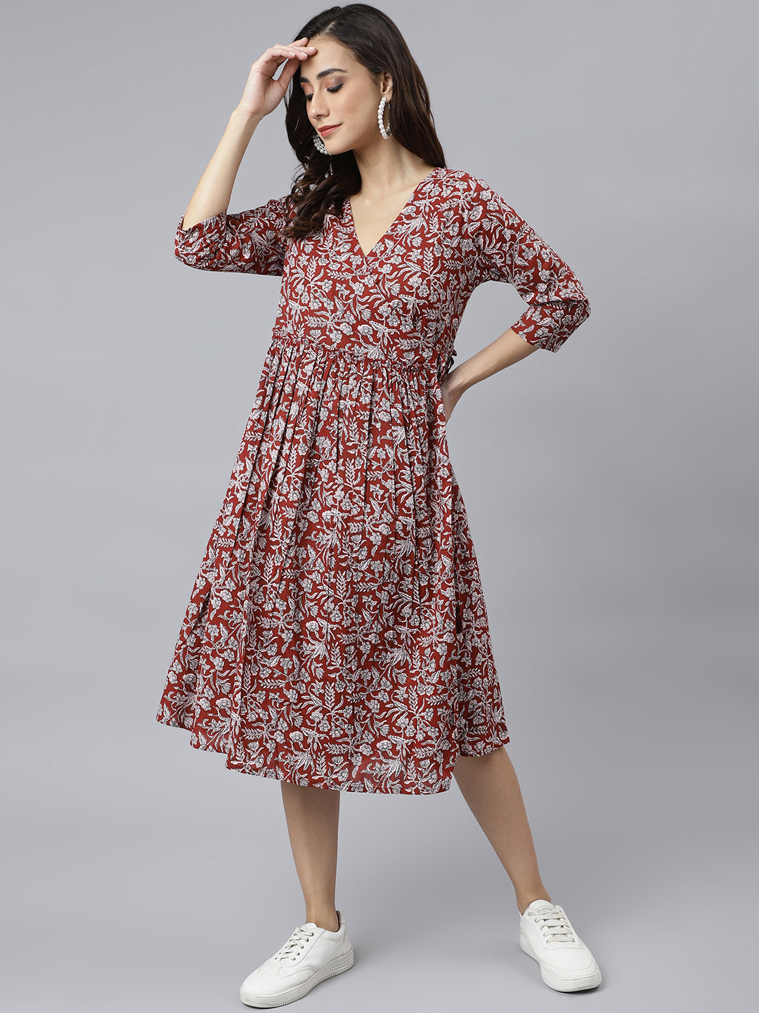 Women's Floral Printed Maroon Cotton Dress
