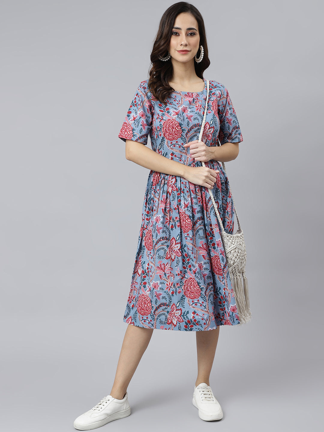 Women's Floral Printed Sky Blue Cotton Dress