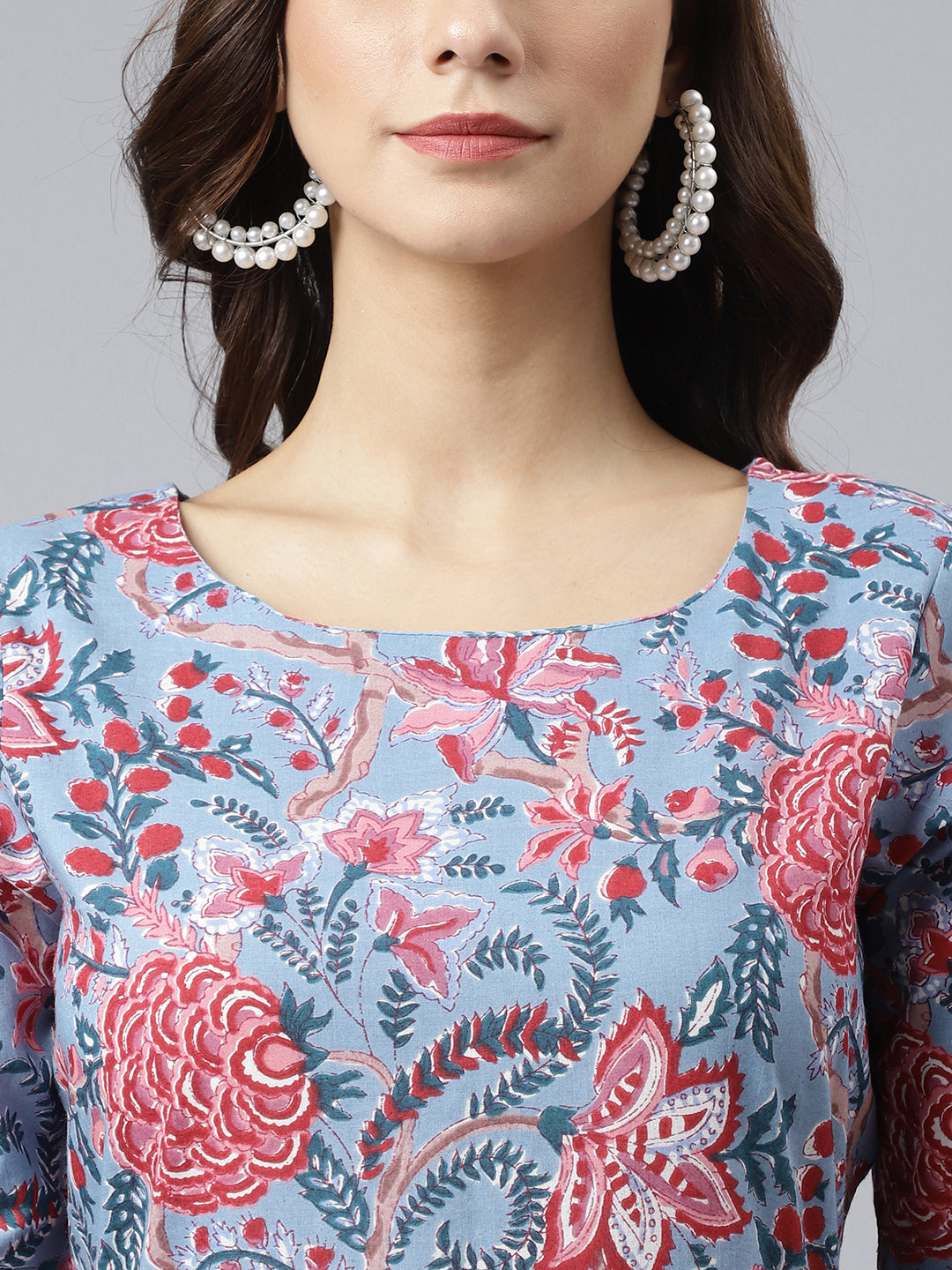 Women's Floral Printed Sky Blue Cotton Dress