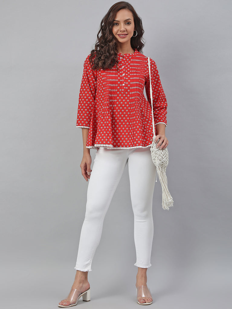 Women's Red Cotton Floral Print Flared Top