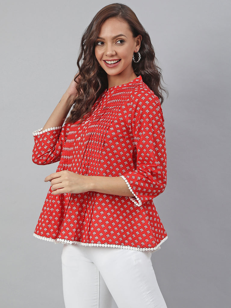 Women's Red Cotton Floral Print Flared Top