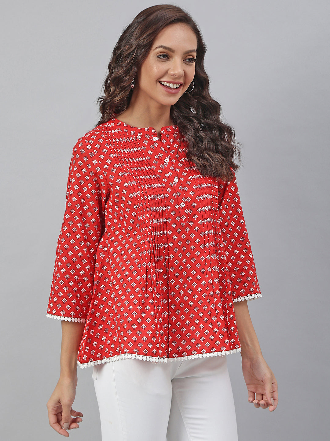 Women's Red Cotton Floral Print Flared Top - Manohara