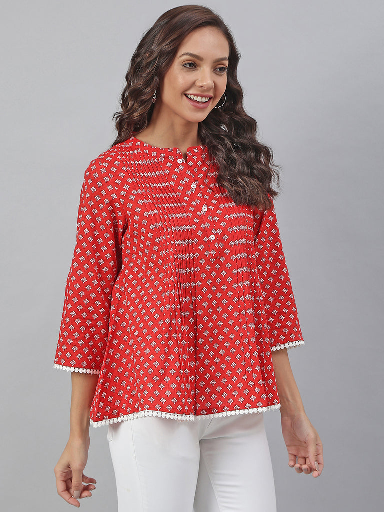 Women's Red Cotton Floral Print Flared Top