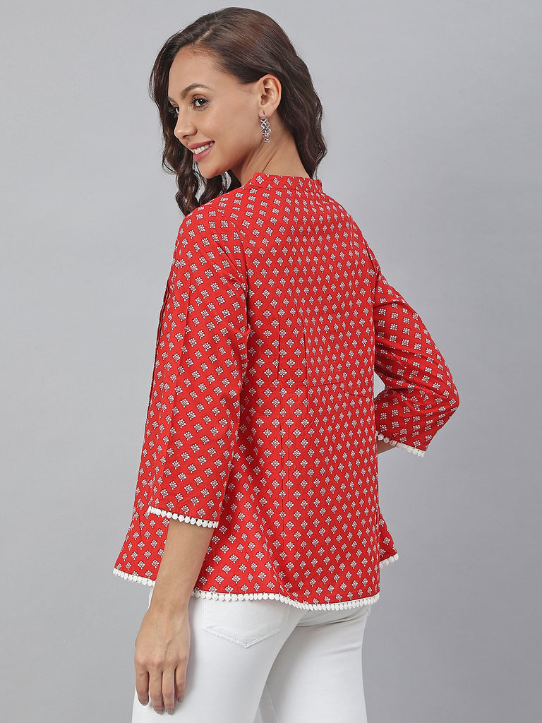 Women's Red Cotton Floral Print Flared Top