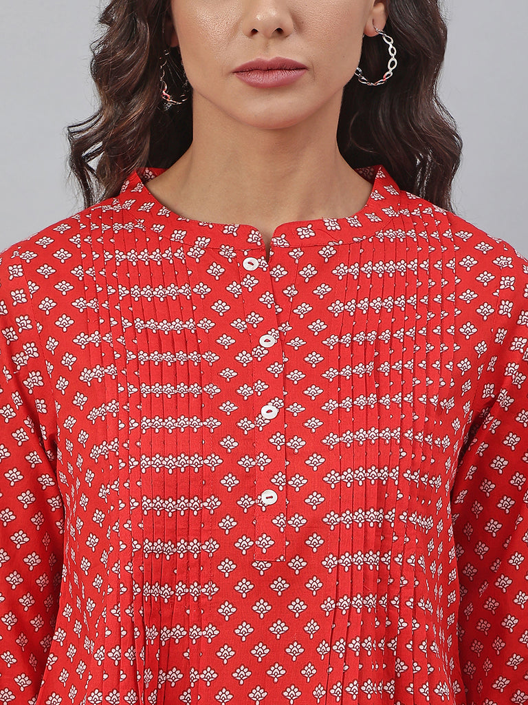Women's Red Cotton Floral Print Flared Top