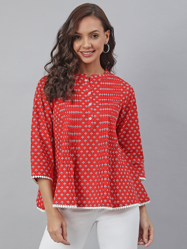 Women's Red Cotton Floral Print Flared Top