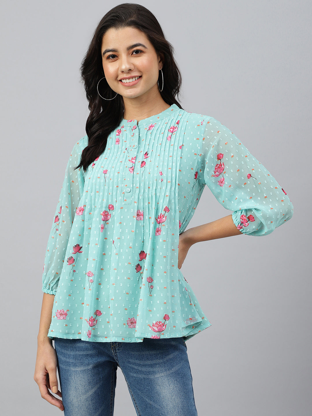 Women's Floral Print Sea Green Dobby Georgette Tops - Final Clearance Sale