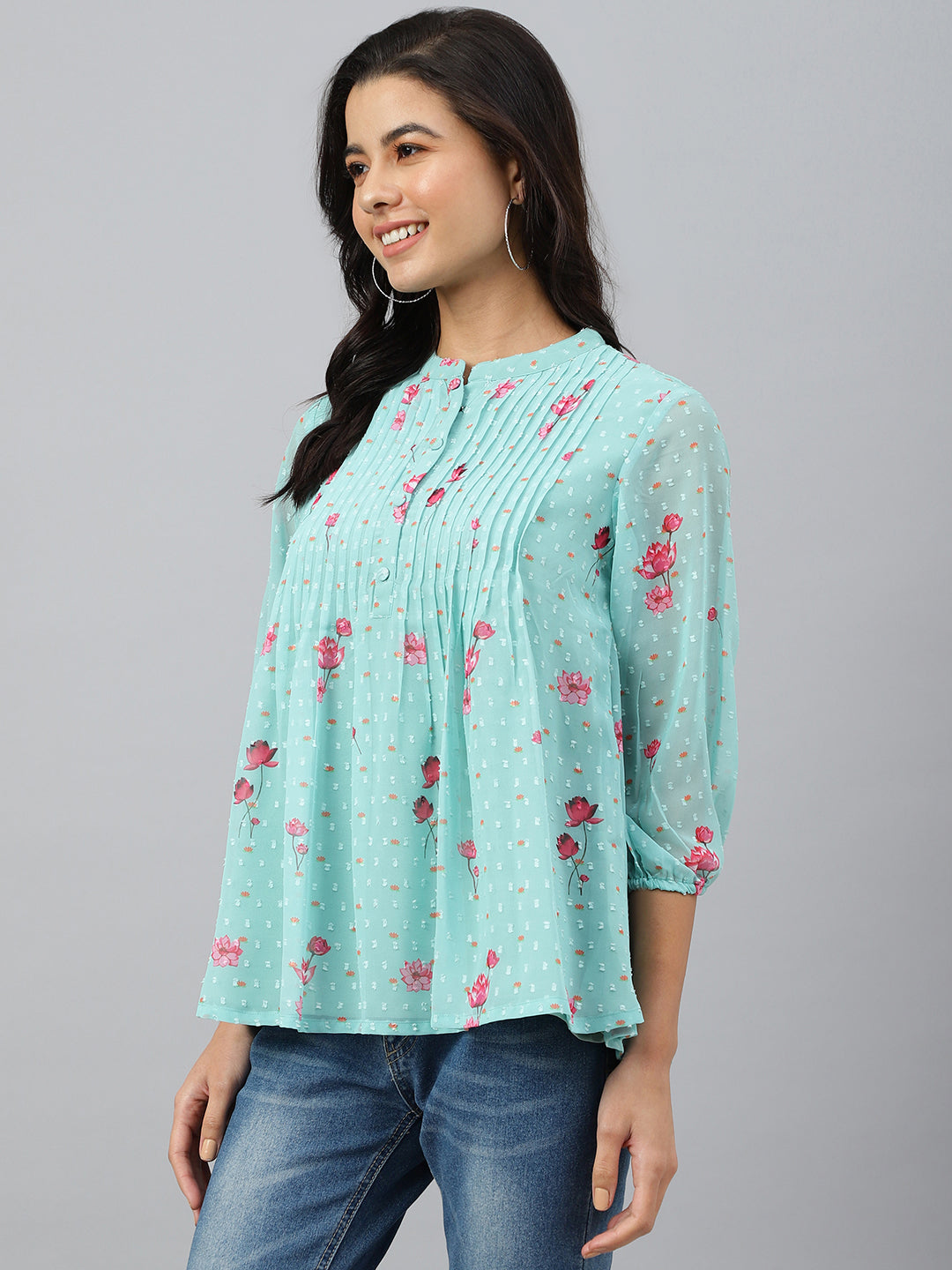 Women's Floral Print Sea Green Dobby Georgette Tops - Final Clearance Sale