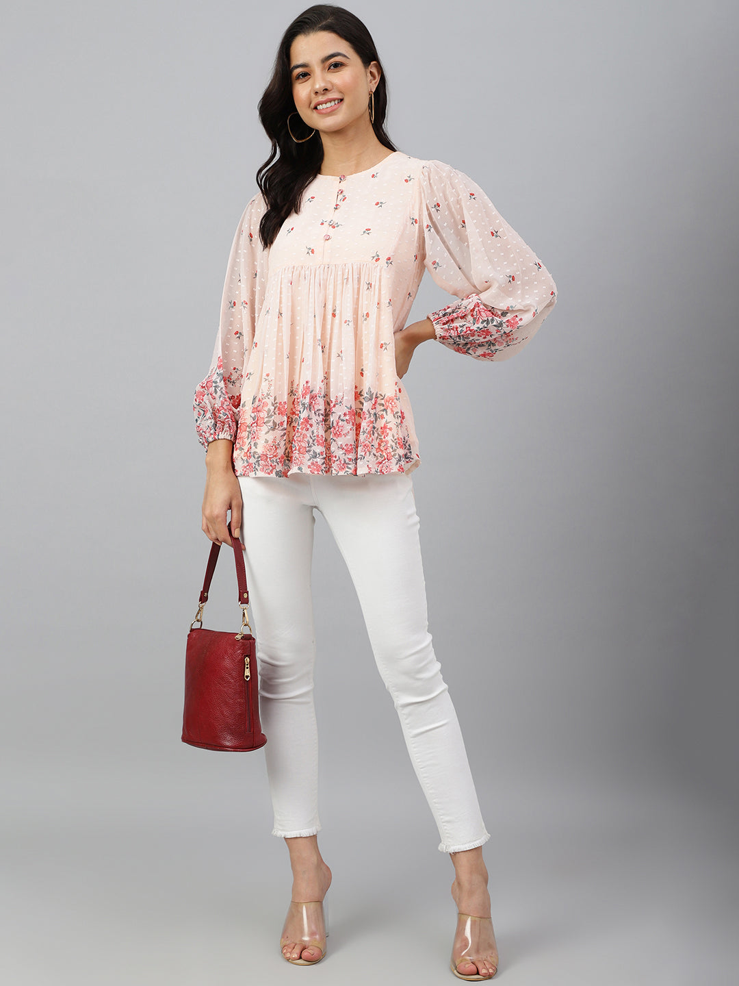 Women's Floral Print Peach Georgette Tops