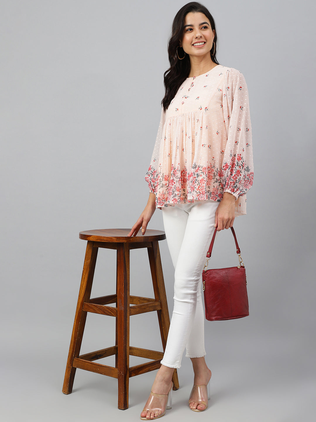 Women's Floral Print Peach Georgette Tops