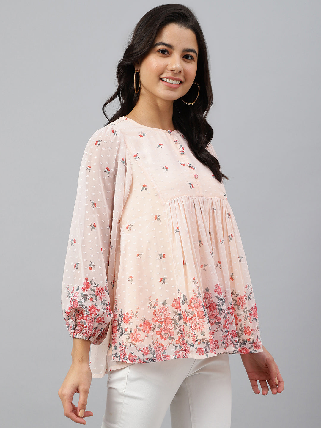 Women's Floral Print Peach Georgette Tops