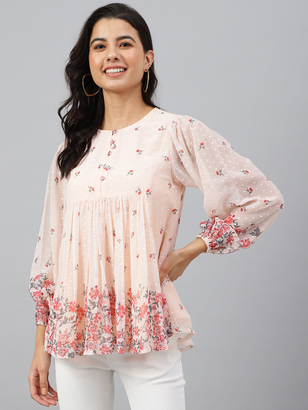 Women's Floral Print Peach Georgette Tops
