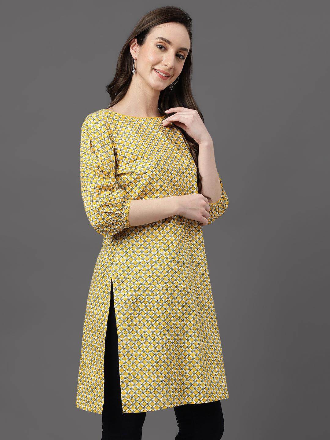 Women's Yellow Cotton Ethnic Motifs Regular Tunic - Janasya USA