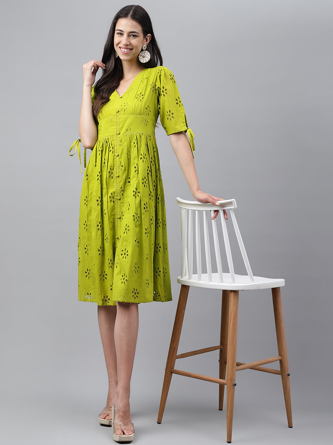 Women's Schiffli Lime Green Cotton Dress