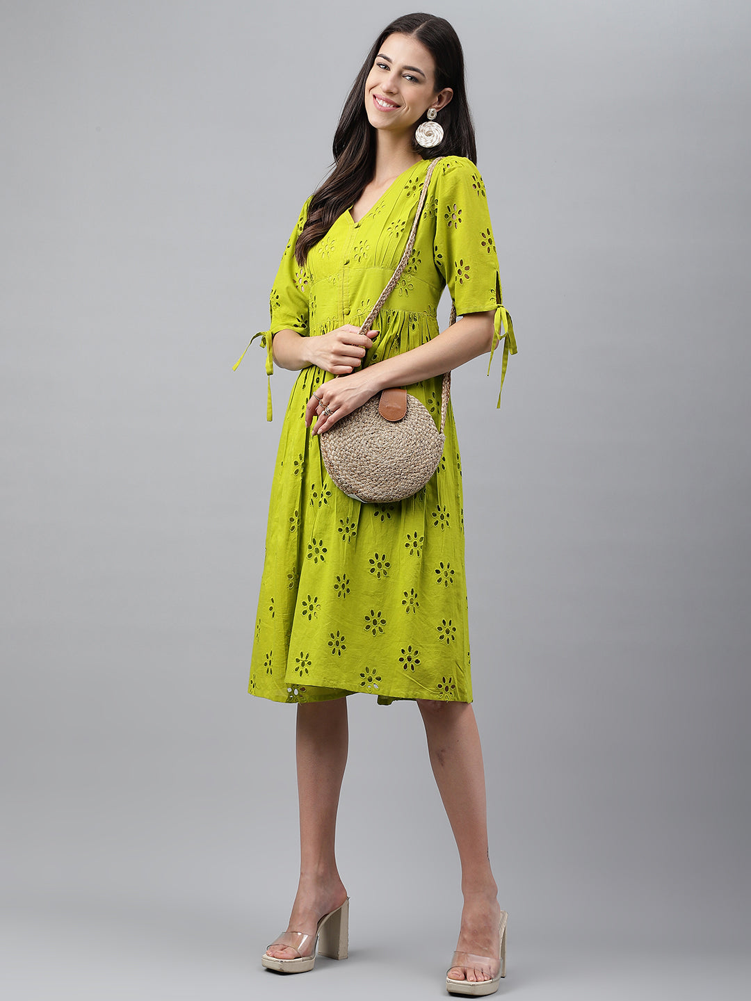 Women's Schiffli Lime Green Cotton Dress