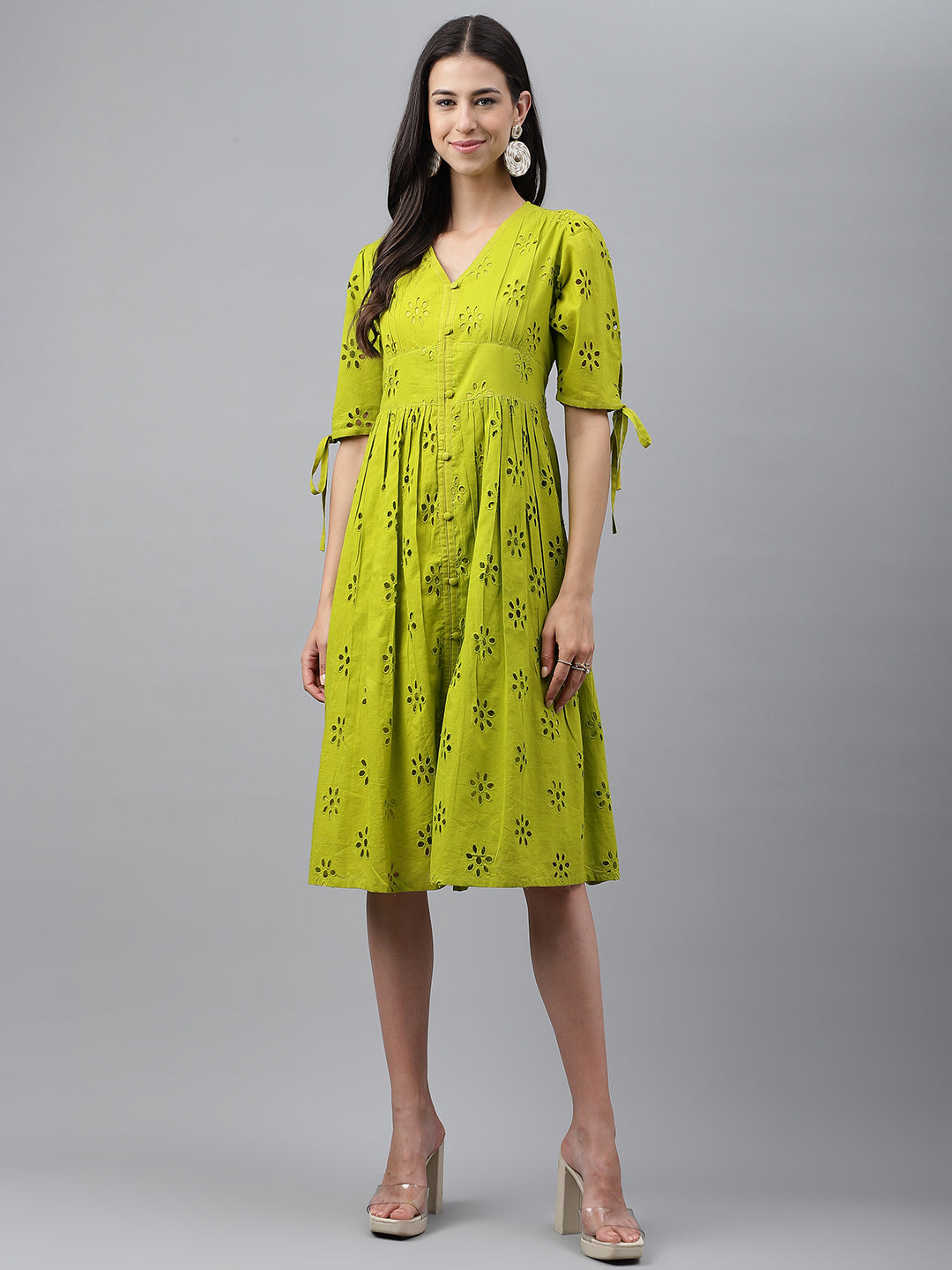 Women's Schiffli Lime Green Cotton Dress