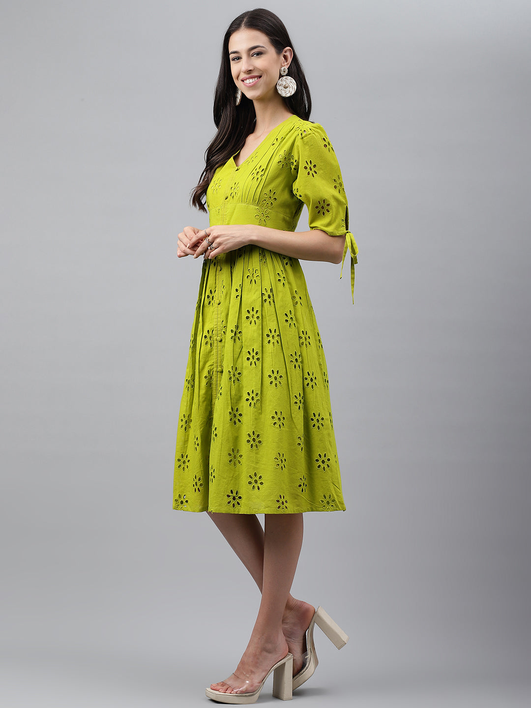 Women's Schiffli Lime Green Cotton Dress