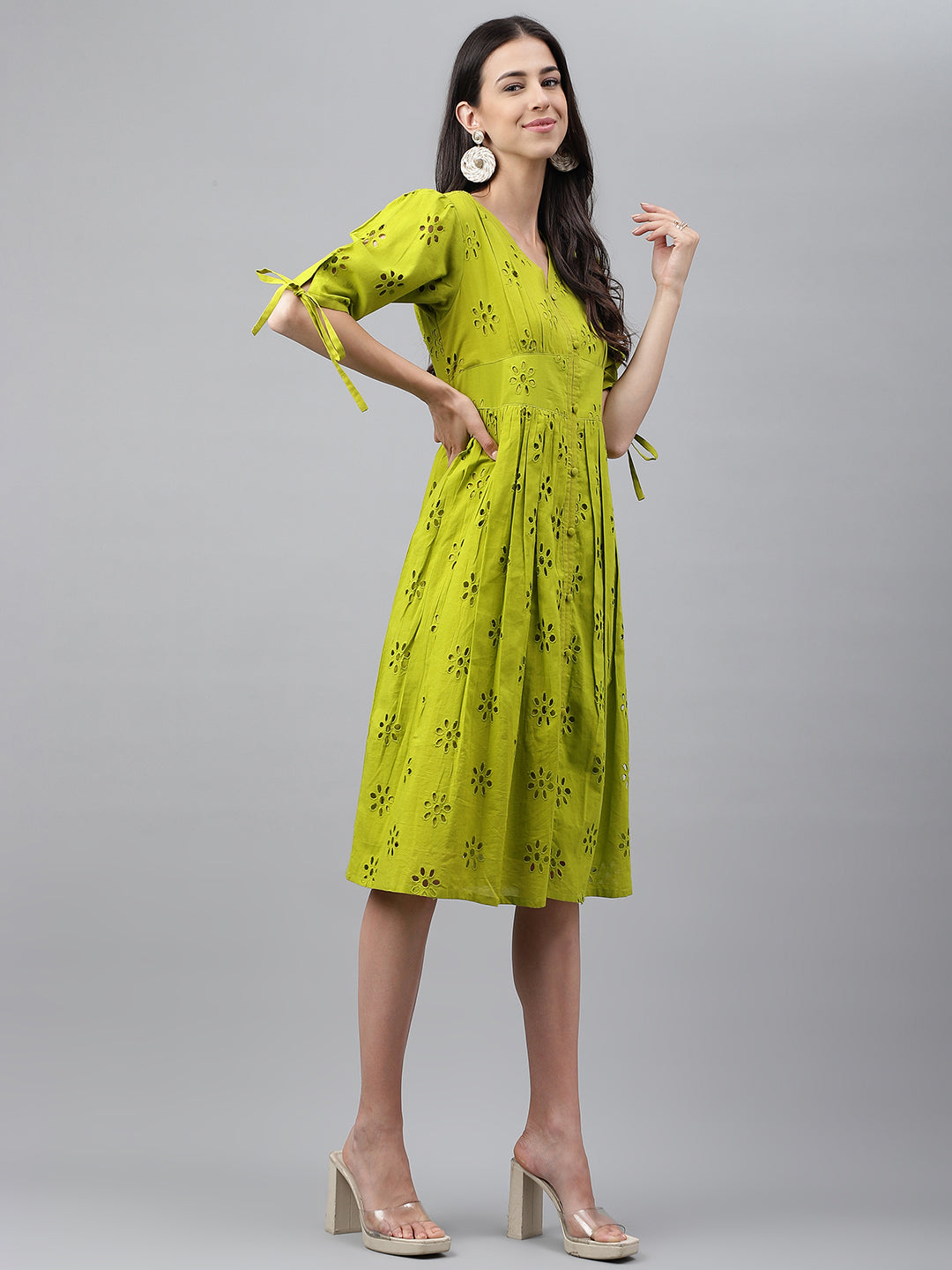 Women's Schiffli Lime Green Cotton Dress