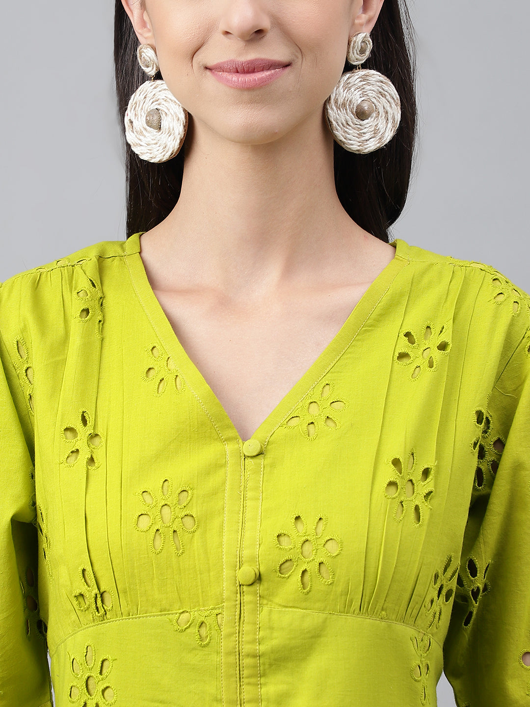 Women's Schiffli Lime Green Cotton Dress