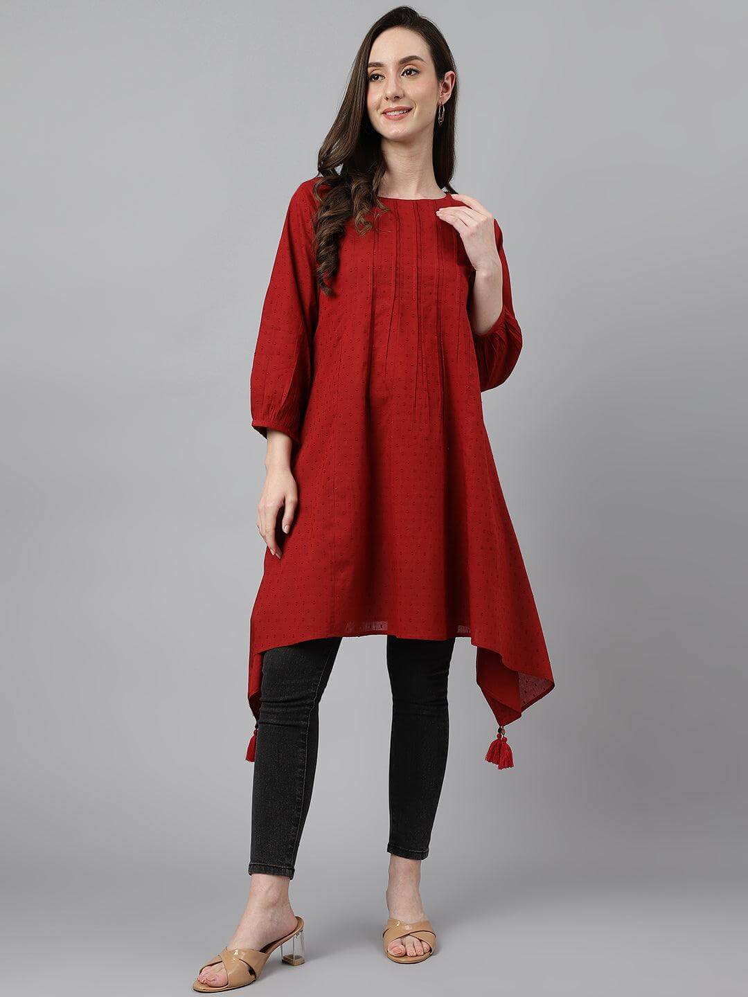 Women's Maroon Dobby Cotton Solid Handkerchief Tunic