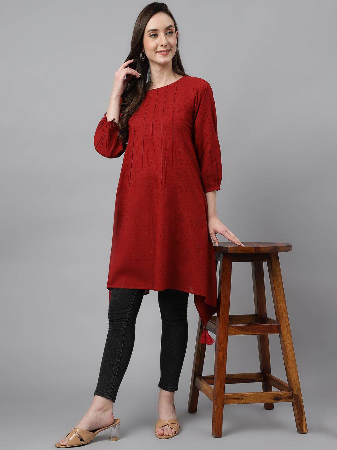 Women's Maroon Dobby Cotton Solid Handkerchief Tunic