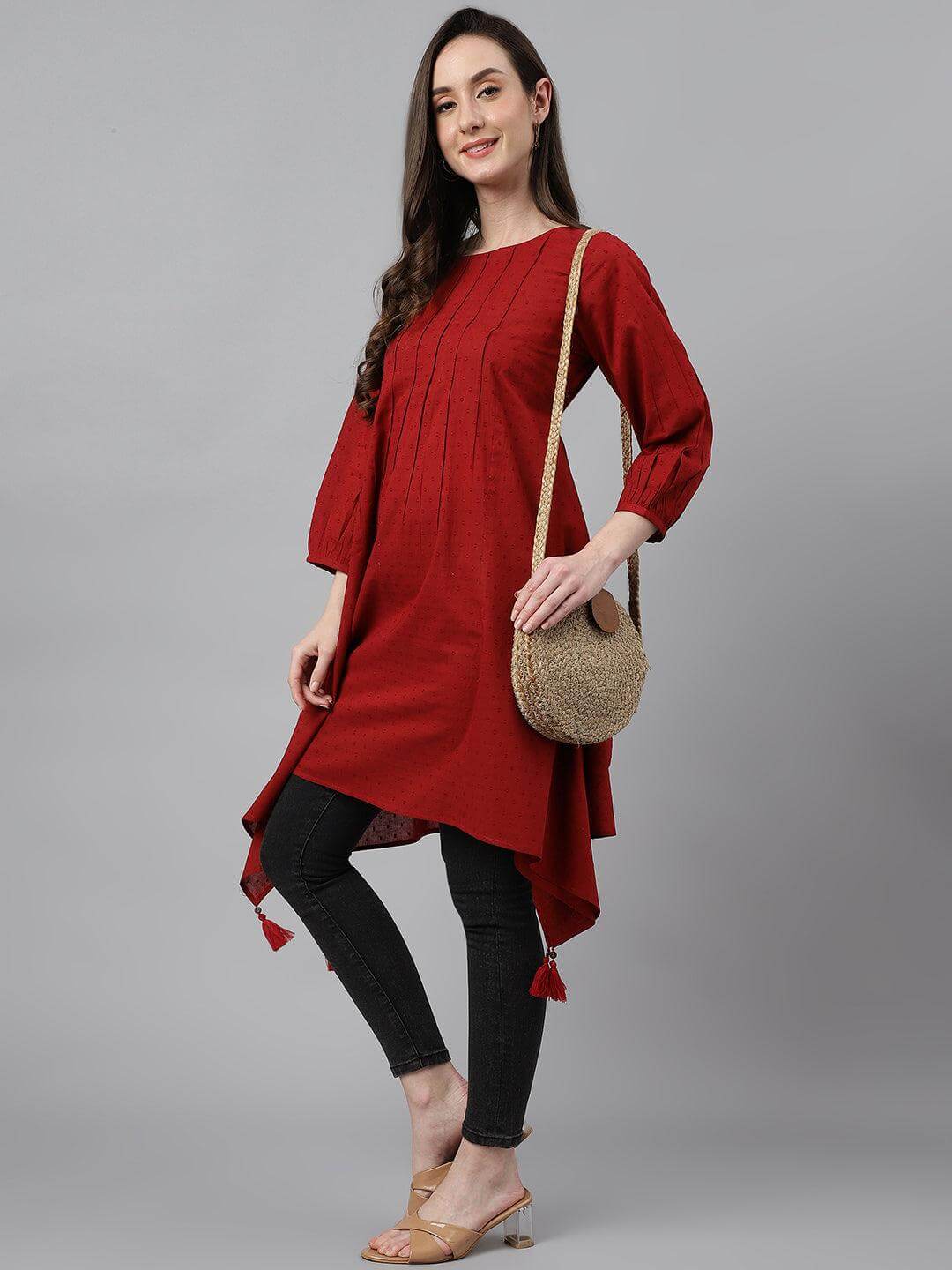 Women's Maroon Dobby Cotton Solid Handkerchief Tunic