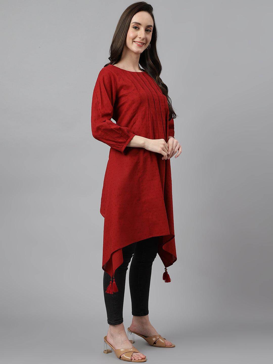 Women's Maroon Dobby Cotton Solid Handkerchief Tunic