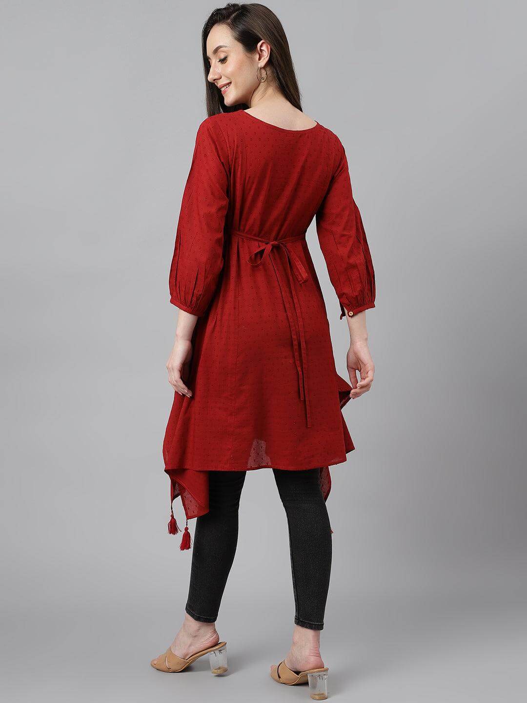 Women's Maroon Dobby Cotton Solid Handkerchief Tunic