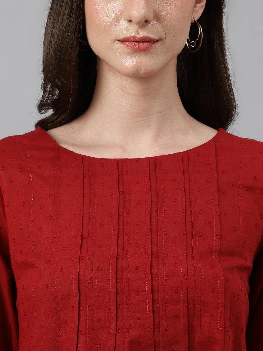 Women's Maroon Dobby Cotton Solid Handkerchief Tunic