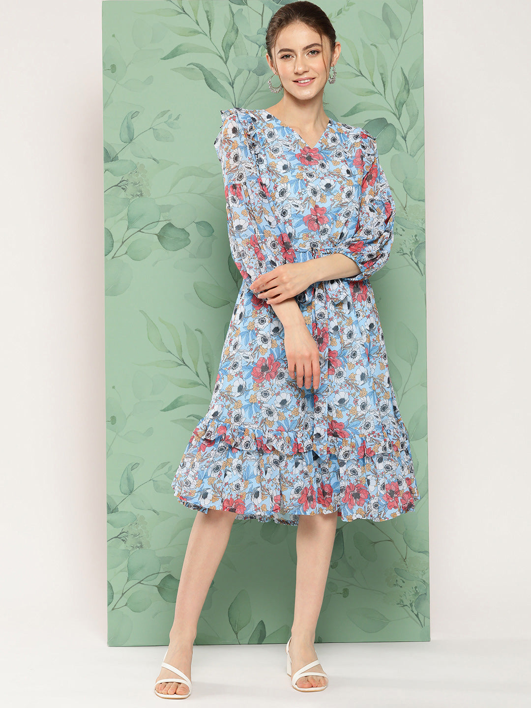 Women's Digital Printed Sky Blue Georgette Dress - Janasya USA