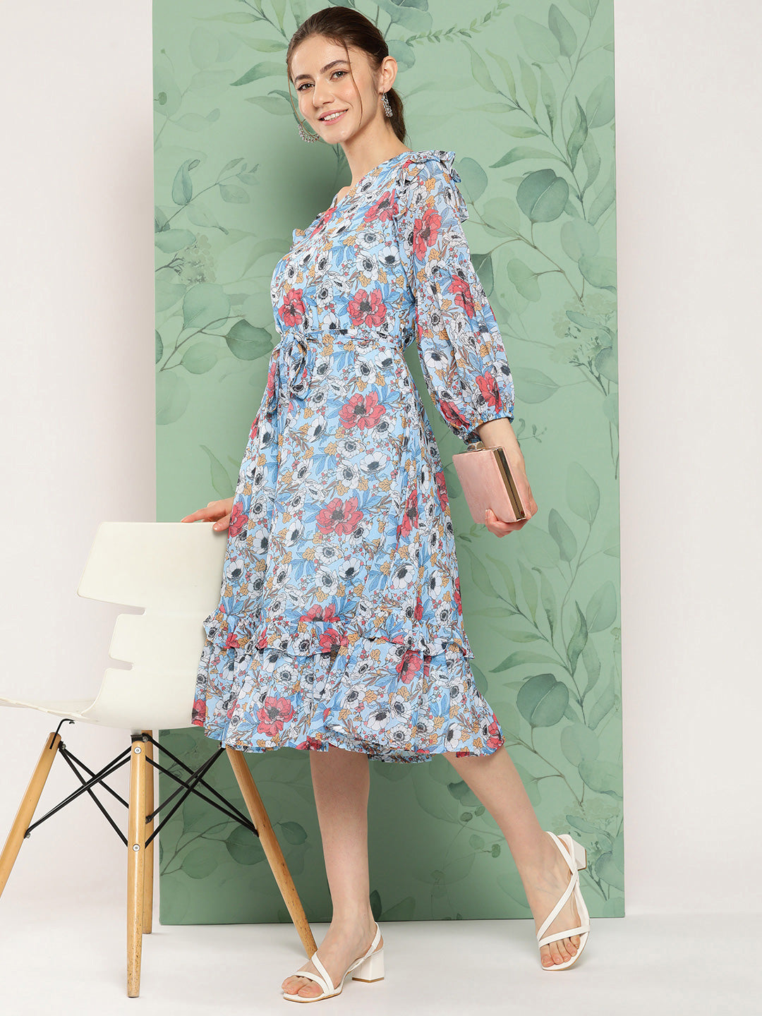 Women's Digital Printed Sky Blue Georgette Dress - Janasya USA