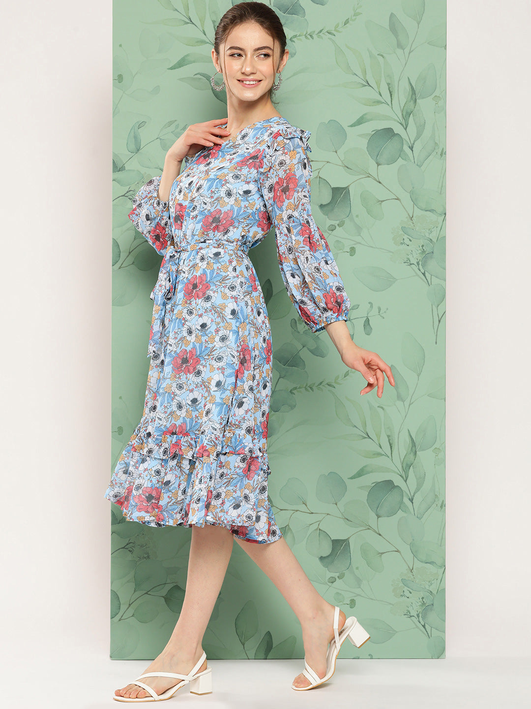 Women's Digital Printed Sky Blue Georgette Dress