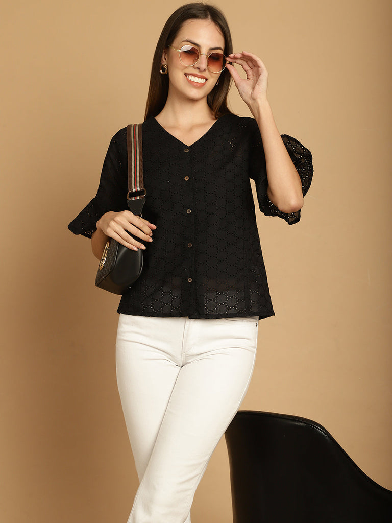 Women's Embroidered Cotton V-Neck Top for Women