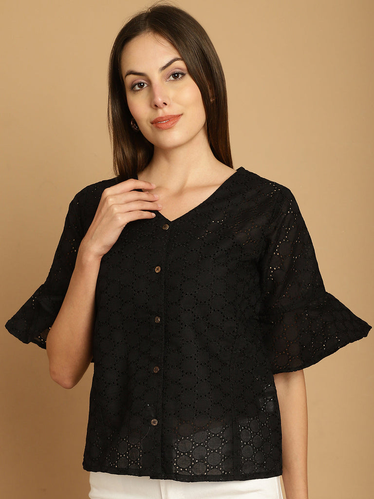 Women's Embroidered Cotton V-Neck Top for Women