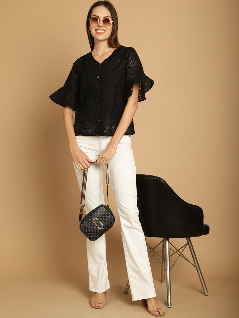 Women's Embroidered Cotton V-Neck Top for Women