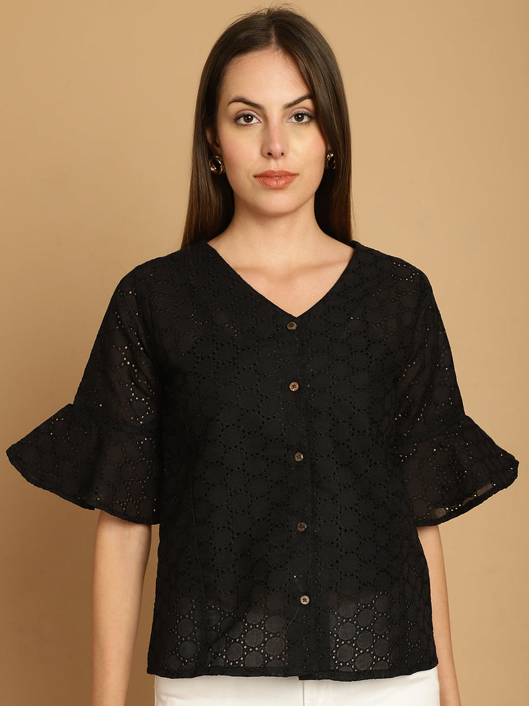 Women's Embroidered Cotton V-Neck Top for Women