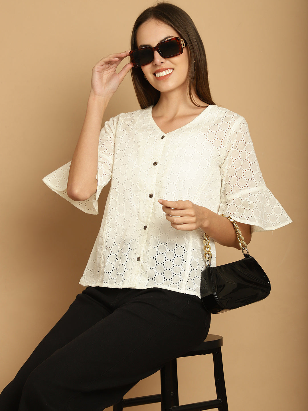 Women's Embroidered Cotton V-Neck Top for Women - Taantav