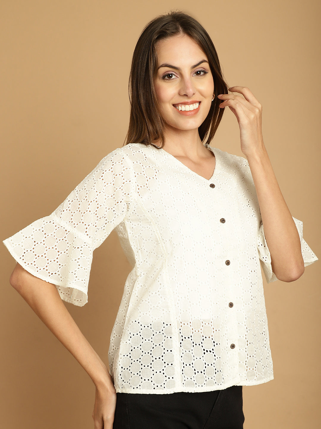 Women's Embroidered Cotton V-Neck Top for Women - Taantav