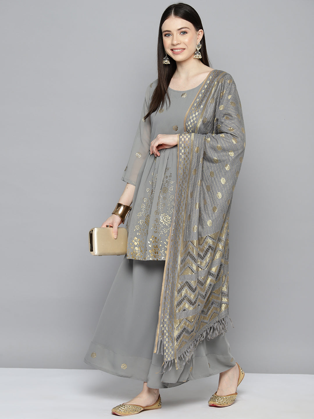 Women's Georgette Foil Print Kurta palazzo Dupatta Set - Taantav