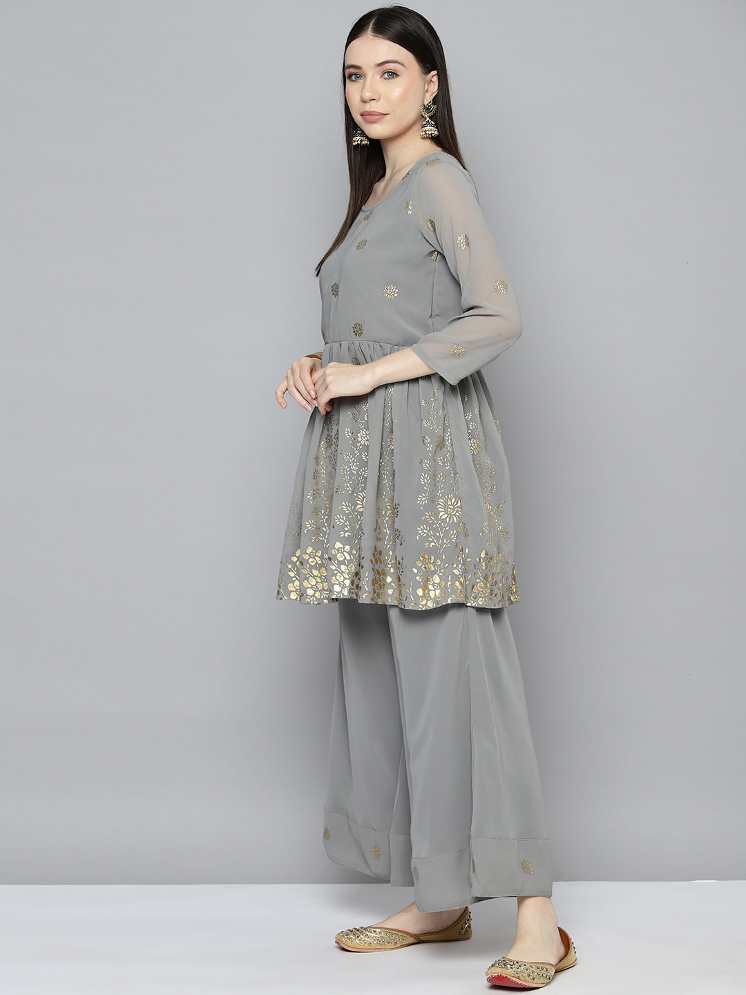 Women's Georgette Foil Print Kurta palazzo Dupatta Set - Taantav