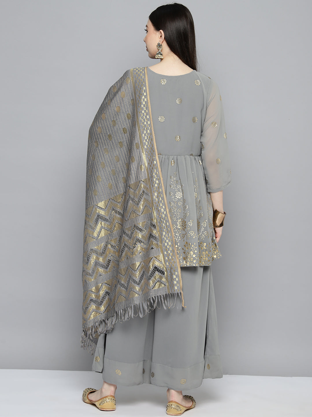 Women's Georgette Foil Print Kurta palazzo Dupatta Set - Taantav