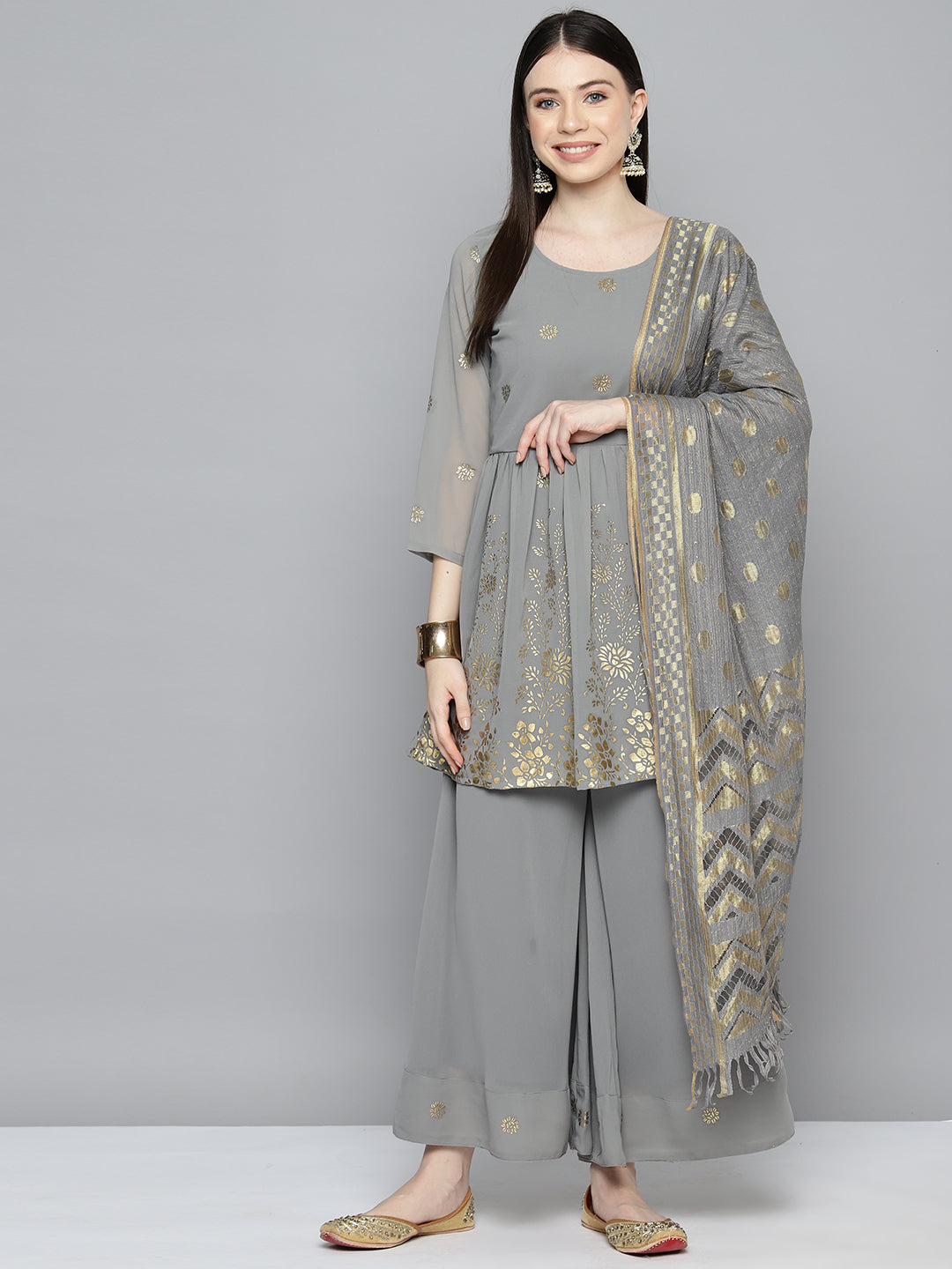 Women's Georgette Foil Print Kurta palazzo Dupatta Set - Taantav