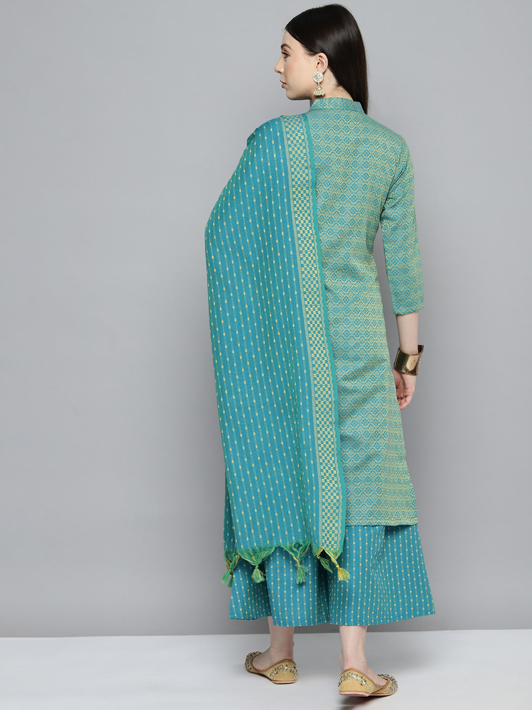 Women's Woven design kurta, palazzos and dupatta set - Taantav