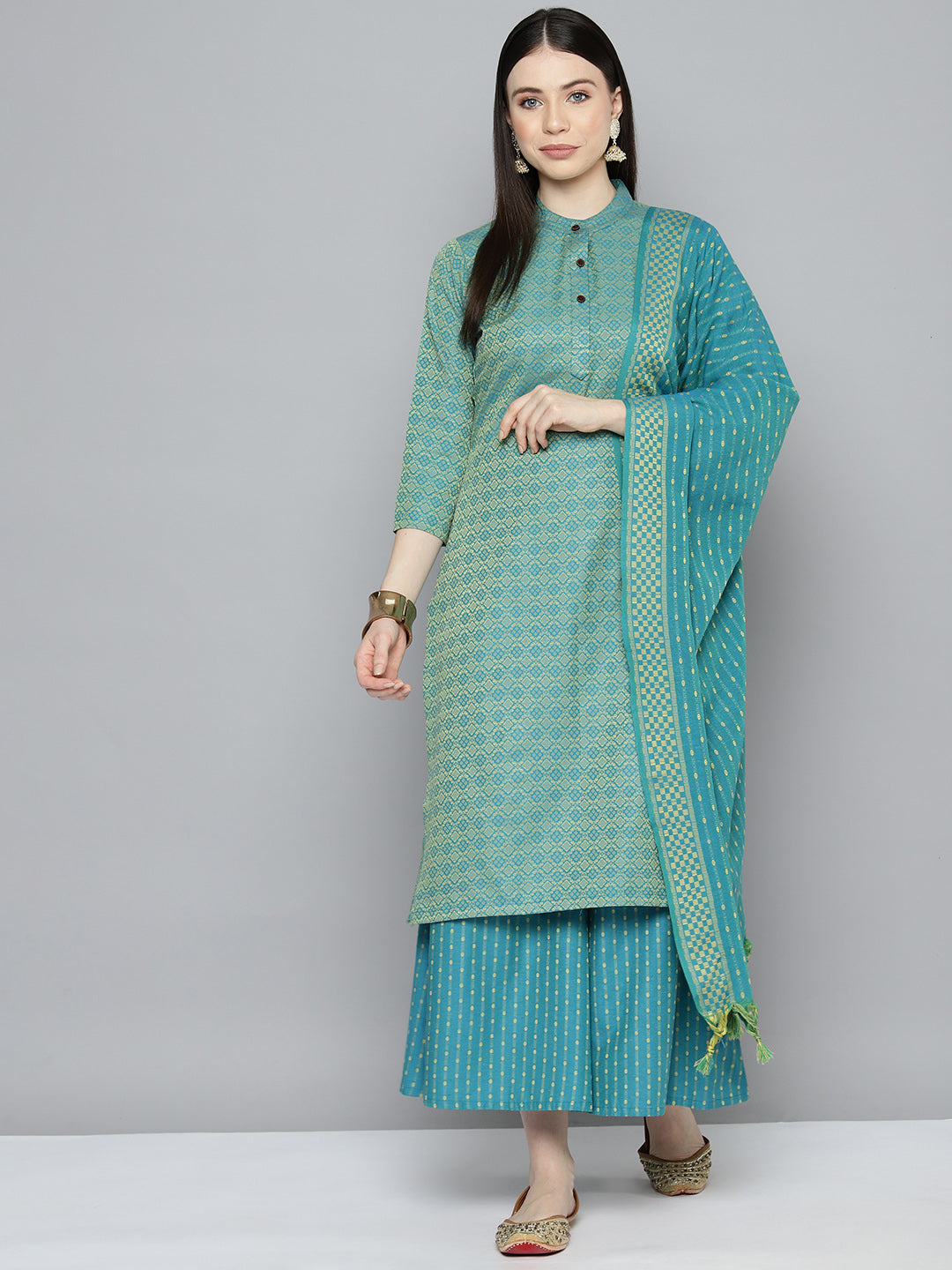 Women's Woven design kurta, palazzos and dupatta set - Taantav