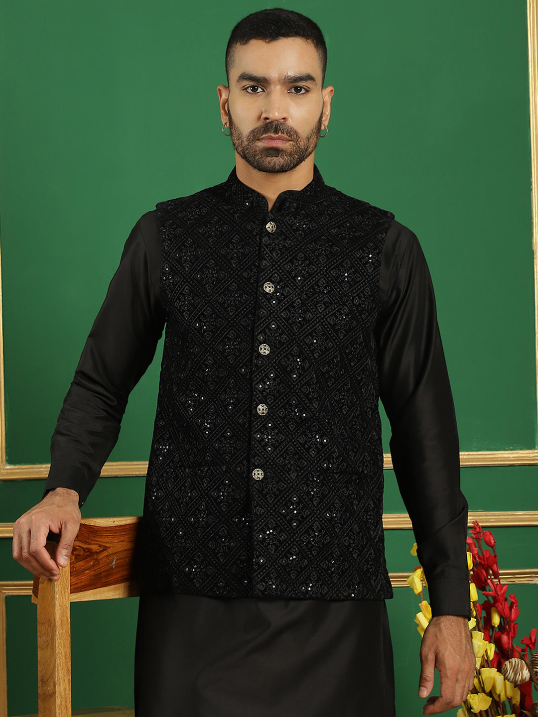 Men's Sequins Velvet Nehru Jacket - Taantav