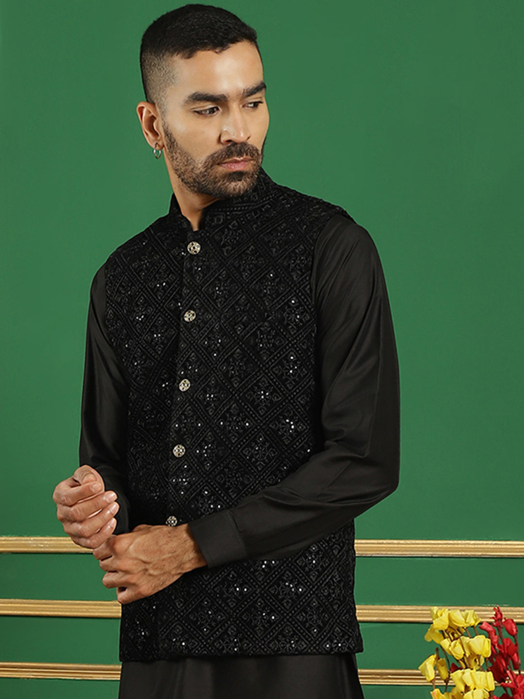 Men's Sequins Velvet Nehru Jacket - Taantav