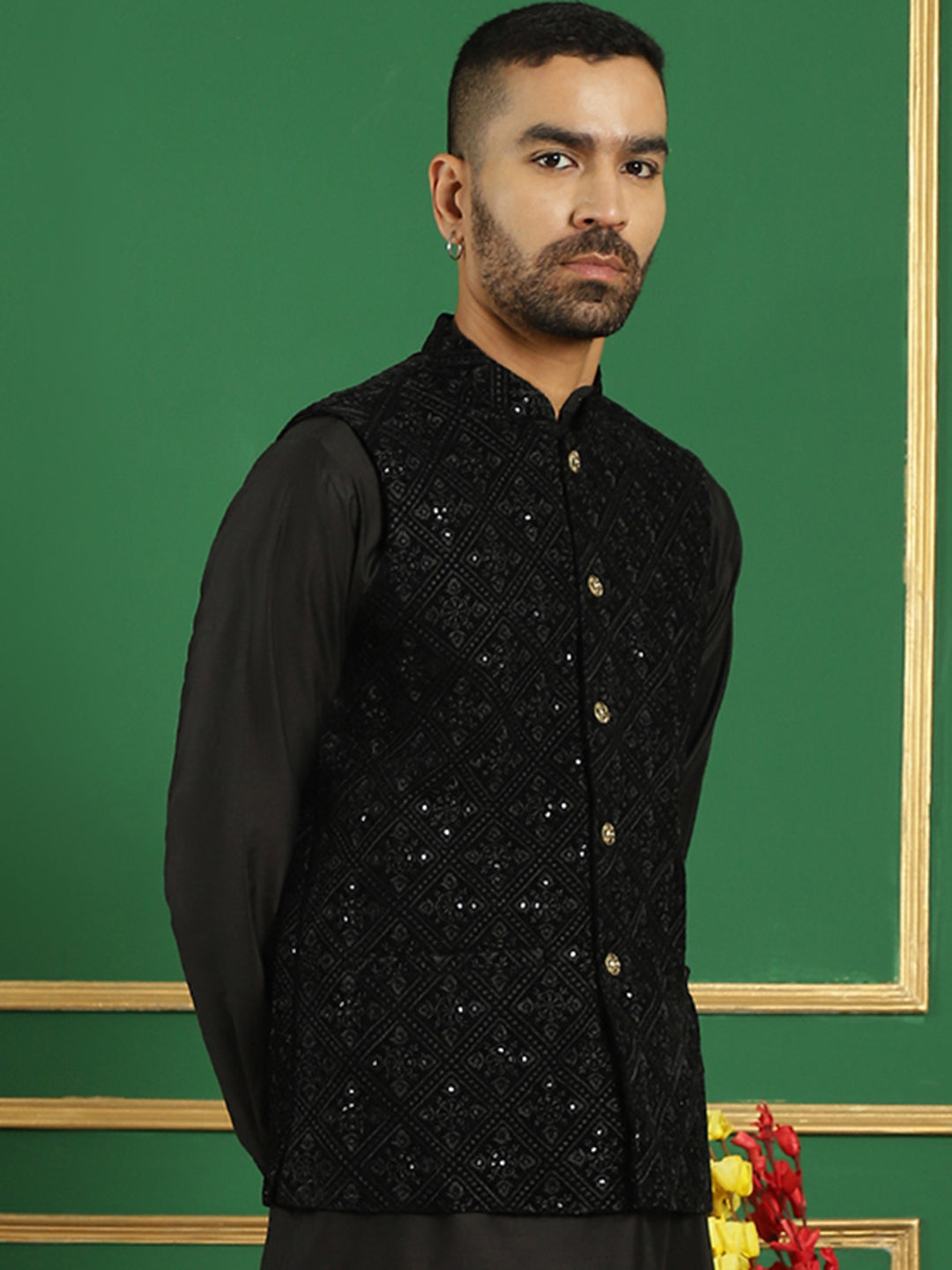 Men's Sequins Velvet Nehru Jacket - Taantav