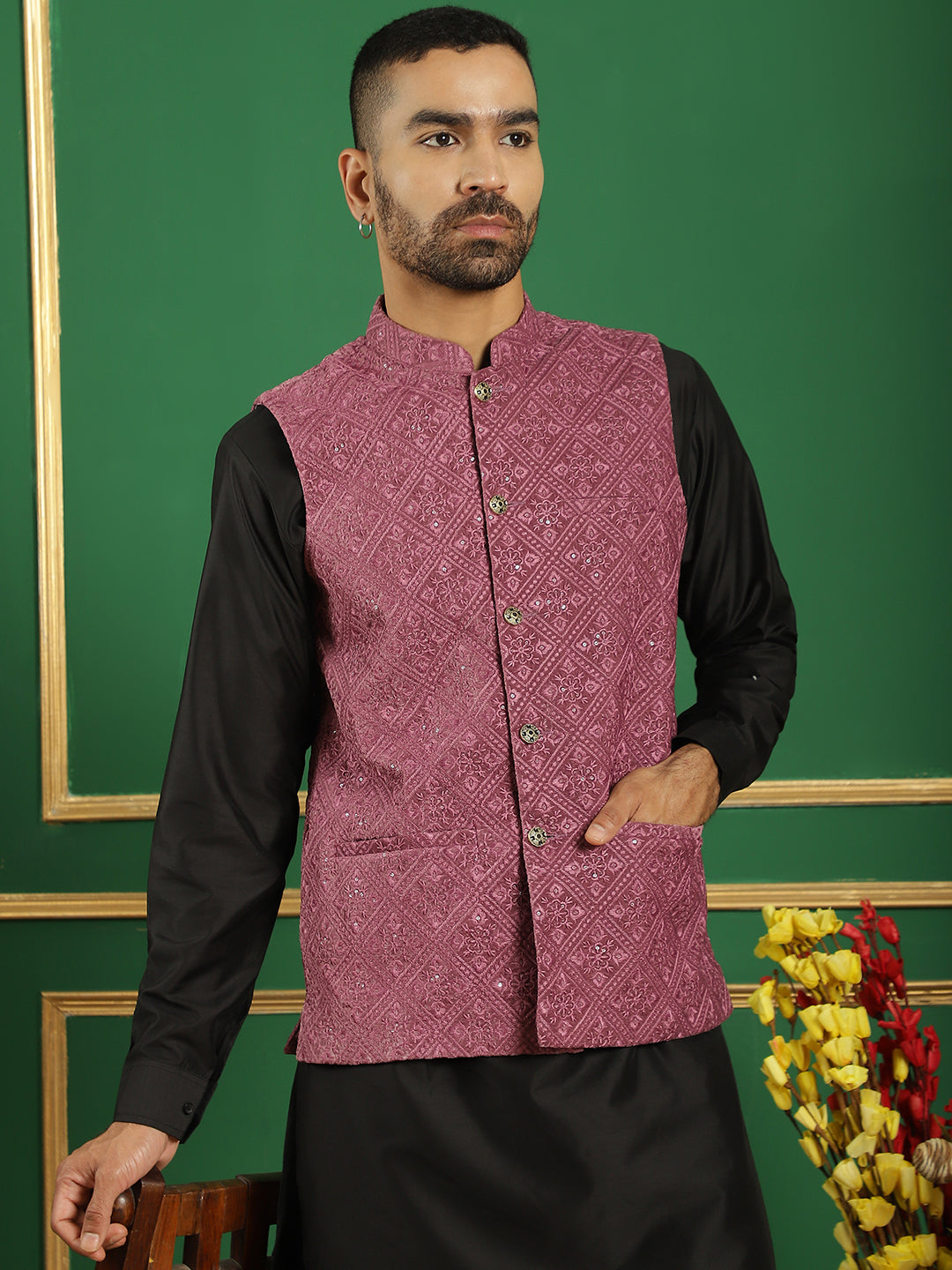 Men's Velvet Nehru Jacket With Solid Kurta Pyjama - Taantav